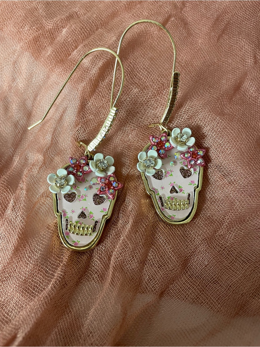Betsey Johnson Gold-Tone Pink Floral Sugar Skull Drop Earrings